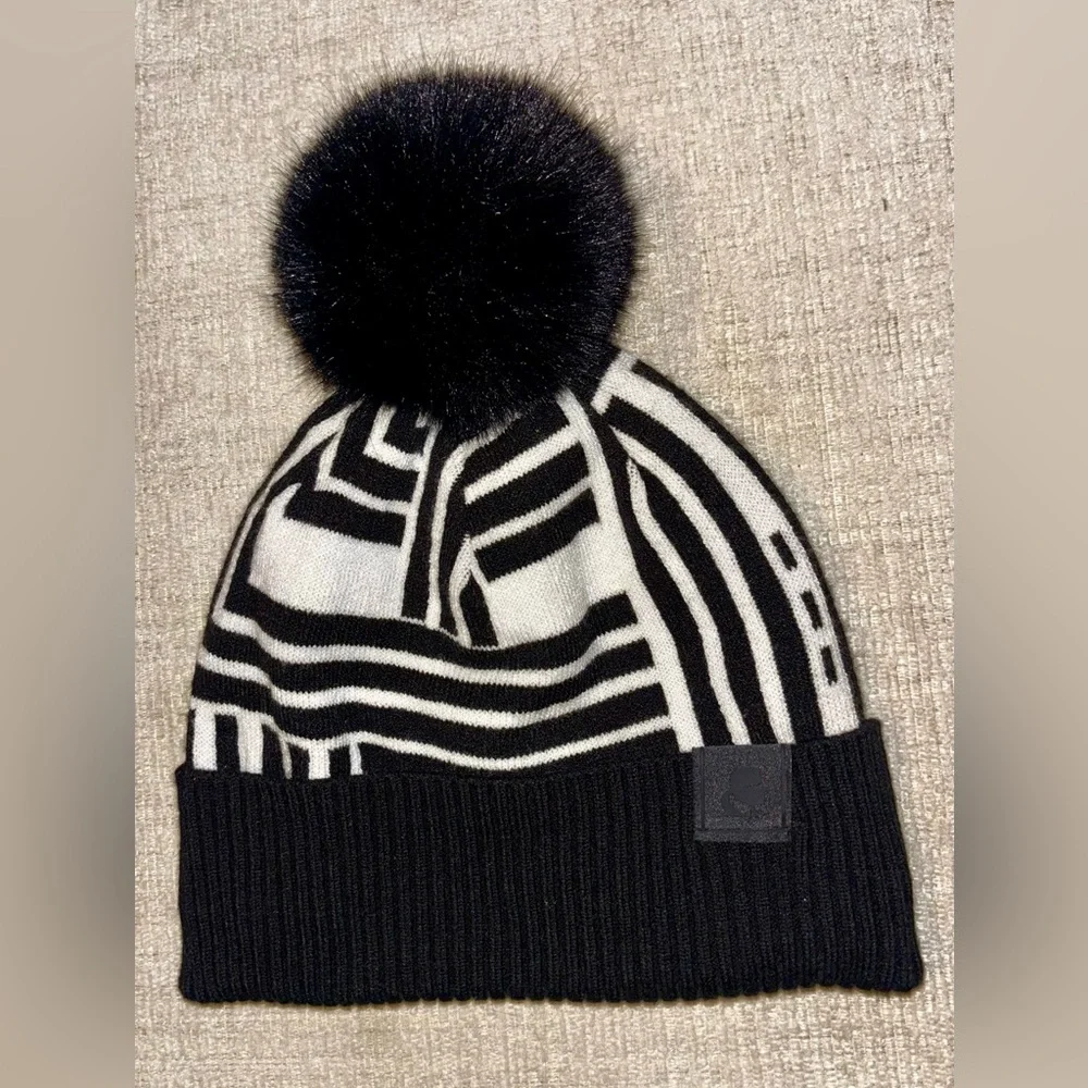 Karl Lagerfeld Beanie Pom Pom Toboggan Hat Black White Satin Lined Quiet Luxury